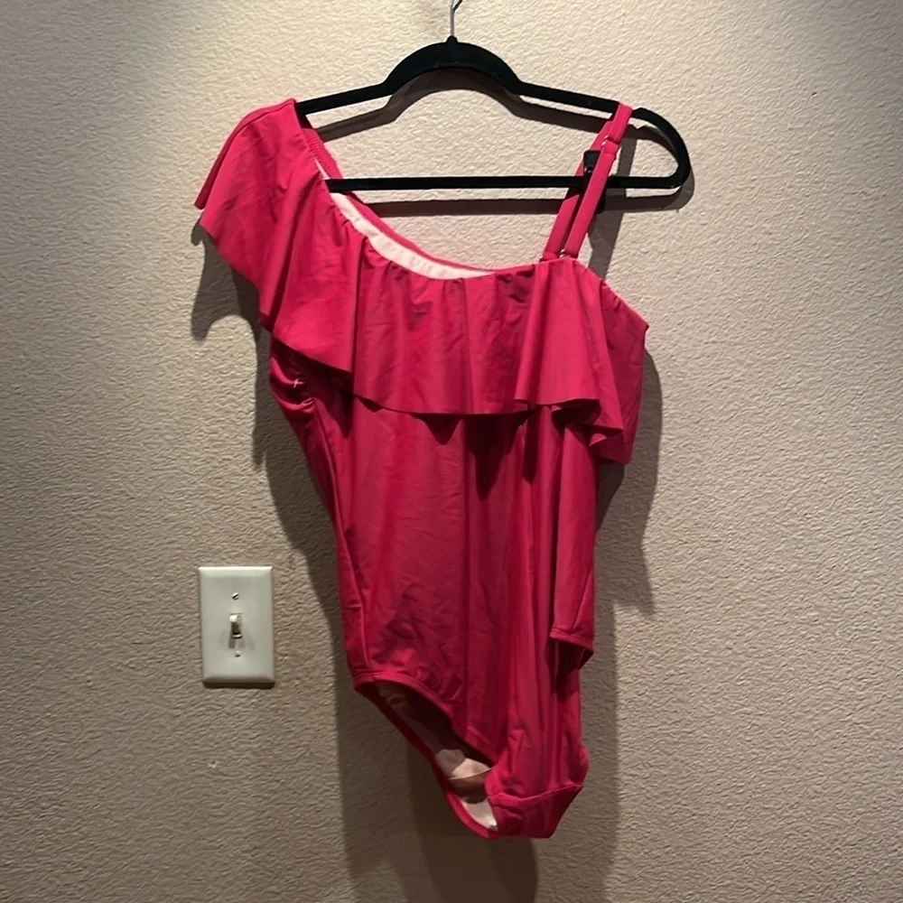 New Kona Sol Women’s Magenta Pink One Shoulder Ruffle Suit 14 NWOT